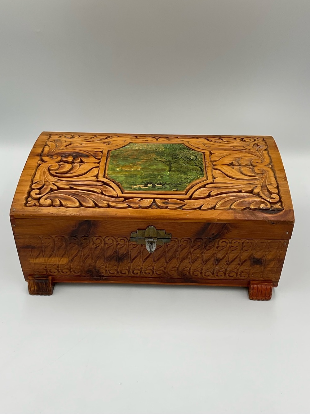 Vintage Hand-Carved Wooden Box with Metal Latch and Pastoral Scene